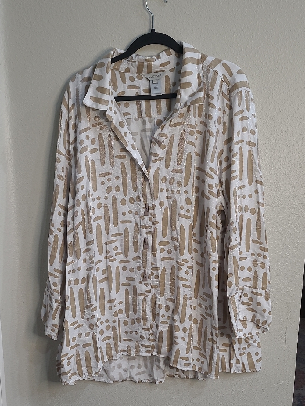 Multiples Lightweight White & Tan Printed Button-Up Tunic Shirt Size 2X